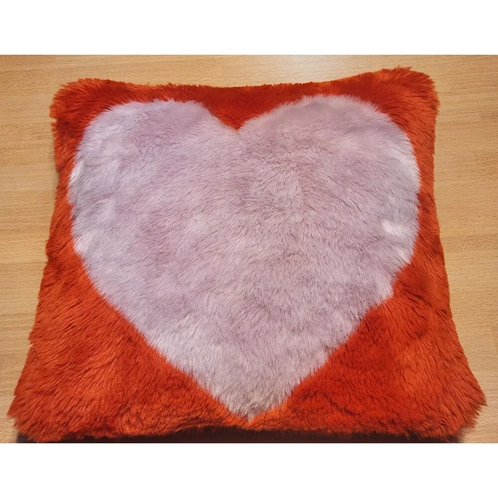 Anthropologie Festive Faux Fur Pillow Heart Lilac Red 16
